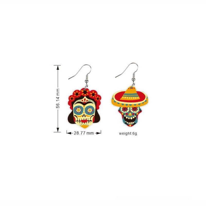 Wholesale Mexican Kalihuala skull pepper paddle rainbow acrylic earrings